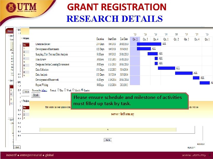 GRANT REGISTRATION RESEARCH DETAILS Please ensure schedule and milestone of activities must filled up