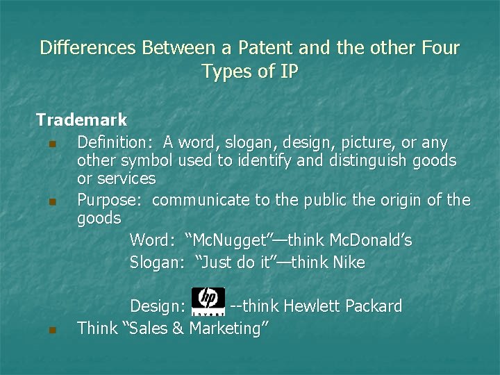 Differences Between a Patent and the other Four Types of IP Trademark n Definition: