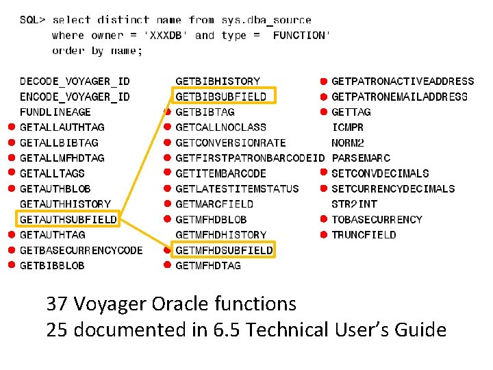 37 Voyager Oracle functions 25 documented in 6. 5 Technical User’s Guide 