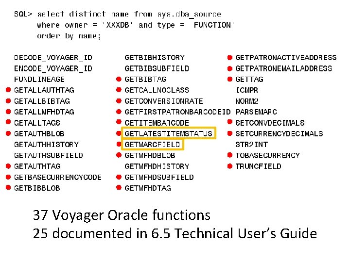 37 Voyager Oracle functions 25 documented in 6. 5 Technical User’s Guide 