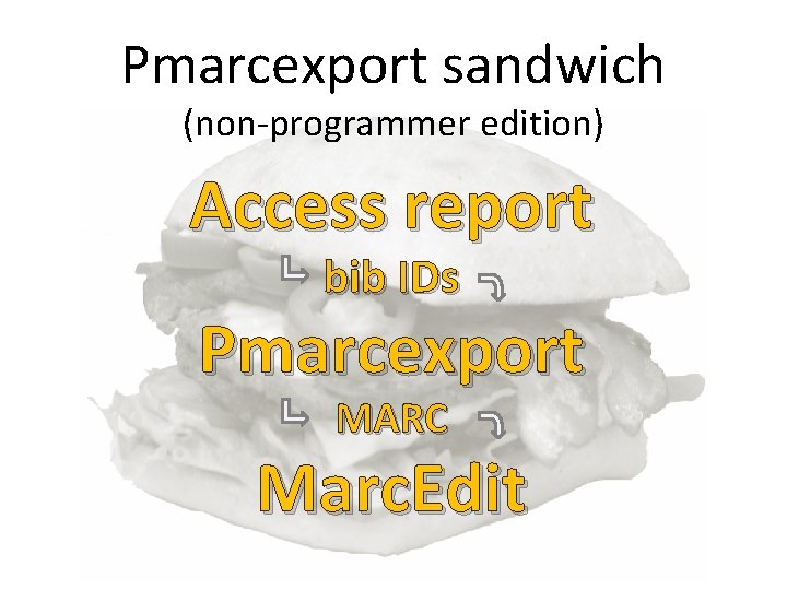 Pmarcexport sandwich (non-programmer edition) Access report bib IDs Pmarcexport MARC Marc. Edit 