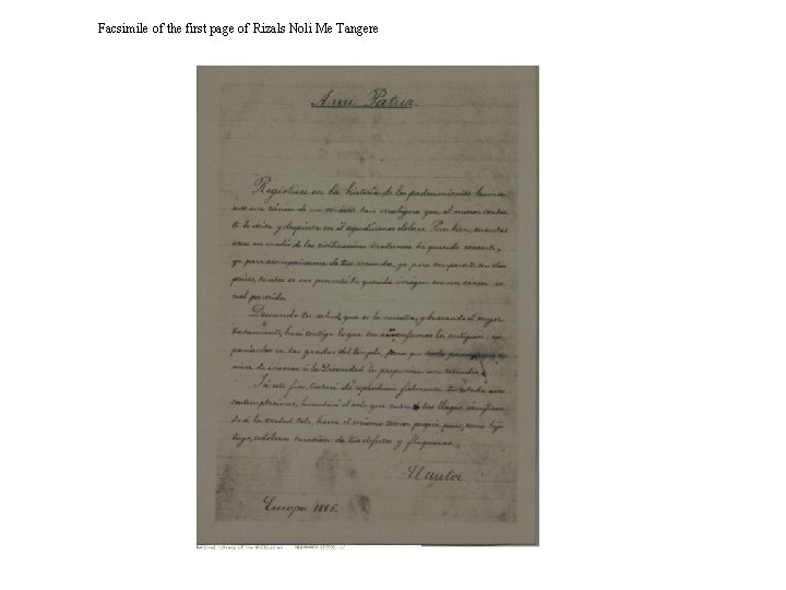 Facsimile of the first page of Rizals Noli Me Tangere 