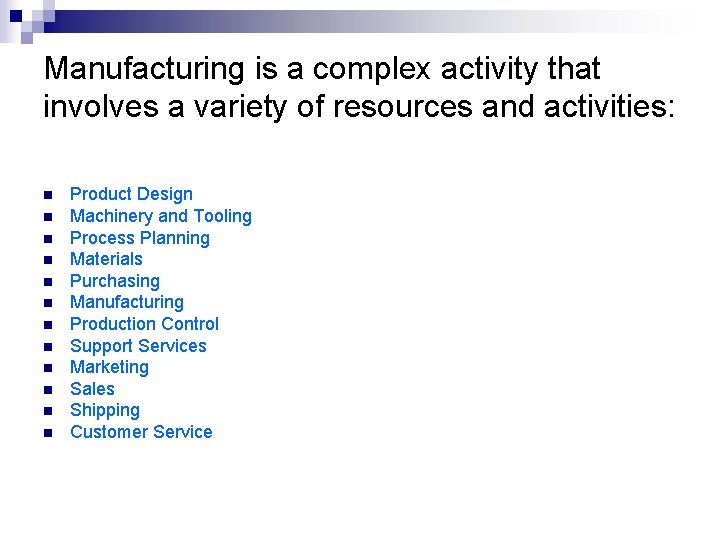 Manufacturing is a complex activity that involves a variety of resources and activities: n Manufacturing is a complex activity that involves a variety of resources and activities: n