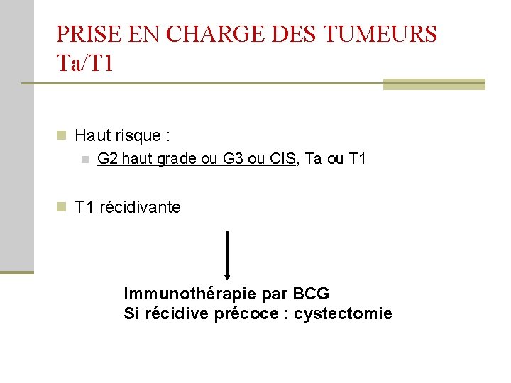 PRISE EN CHARGE DES TUMEURS Ta/T 1 n Haut risque : n G 2