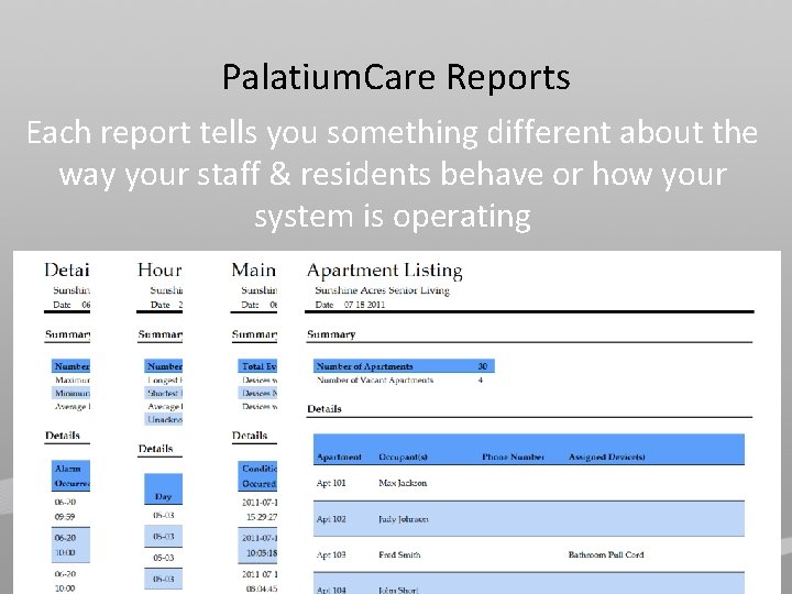 Palatium. Care Reports Each report tells you something different about the way your staff