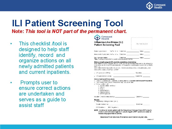 ILI Patient Screening Tool Note: This tool is NOT part of the permanent chart.