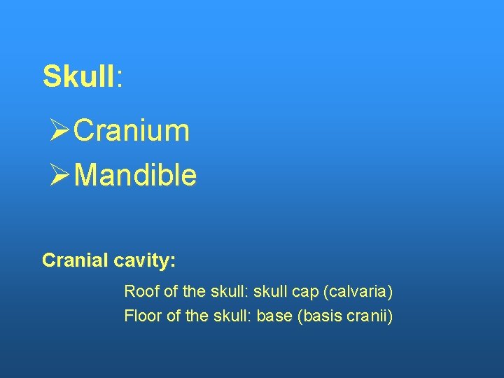 Skull: ØCranium ØMandible Cranial cavity: Roof of the skull: skull cap (calvaria) Floor of