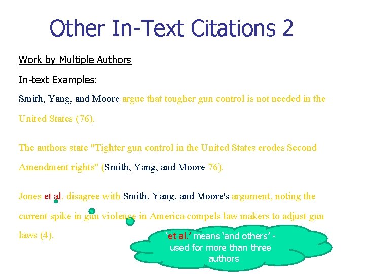 Other In-Text Citations 2 Work by Multiple Authors In-text Examples: Smith, Yang, and Moore