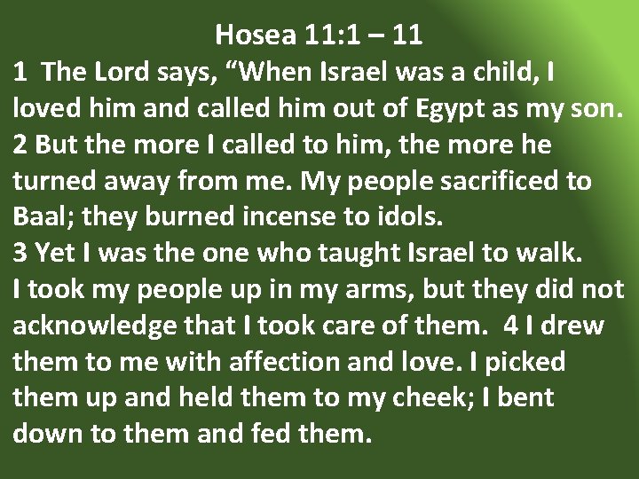 Hosea 11: 1 – 11 1 The Lord says, “When Israel was a child,
