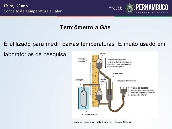 Física, 2° ano Conceito de Temperatura e Calor Termômetro a Gás É utilizado para