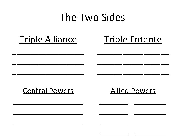 The Two Sides Triple Alliance Triple Entente _________________ _________________ Central Powers _________________ Allied Powers