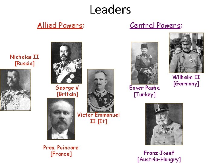 Leaders Allied Powers: Central Powers: Nicholas II [Russia] George V [Britain] Enver Pasha [Turkey]