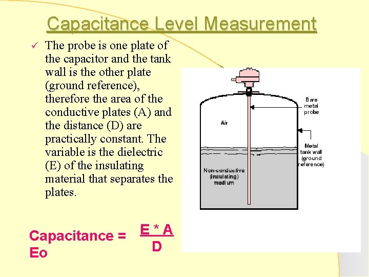 Capacitance Level Measurement ü The probe is one plate of the capacitor and the