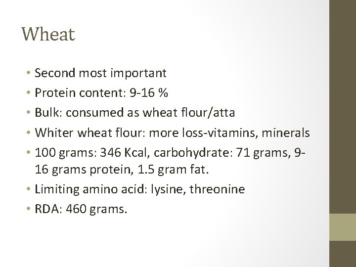 Wheat • Second most important • Protein content: 9 -16 % • Bulk: consumed