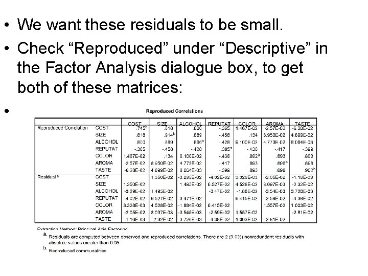 • We want these residuals to be small. • Check “Reproduced” under “Descriptive” • We want these residuals to be small. • Check “Reproduced” under “Descriptive”
