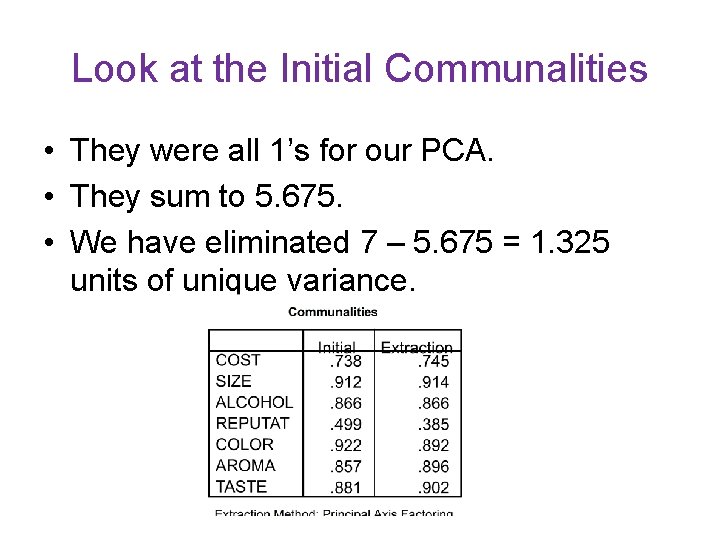 Look at the Initial Communalities • They were all 1’s for our PCA. • Look at the Initial Communalities • They were all 1’s for our PCA. •