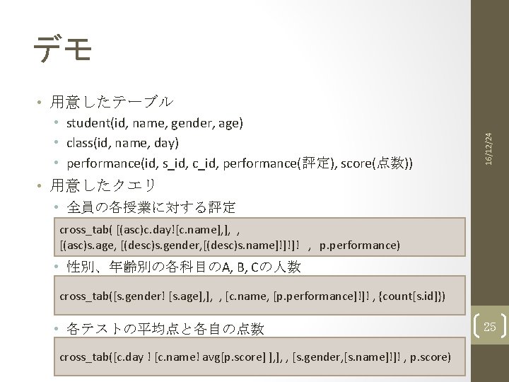 デモ • student(id, name, gender, age) • class(id, name, day) • performance(id, s_id, c_id,