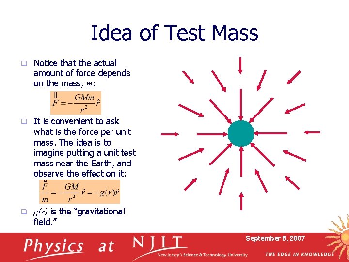 Idea of Test Mass q Notice that the actual amount of force depends on
