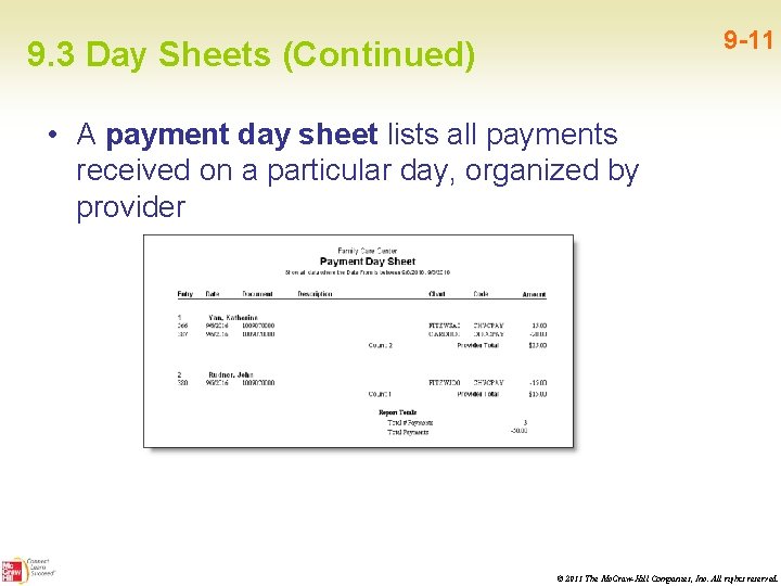 9 -11 9. 3 Day Sheets (Continued) • A payment day sheet lists all