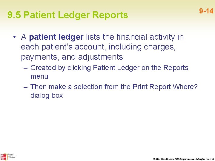 9 -14 9. 5 Patient Ledger Reports • A patient ledger lists the financial