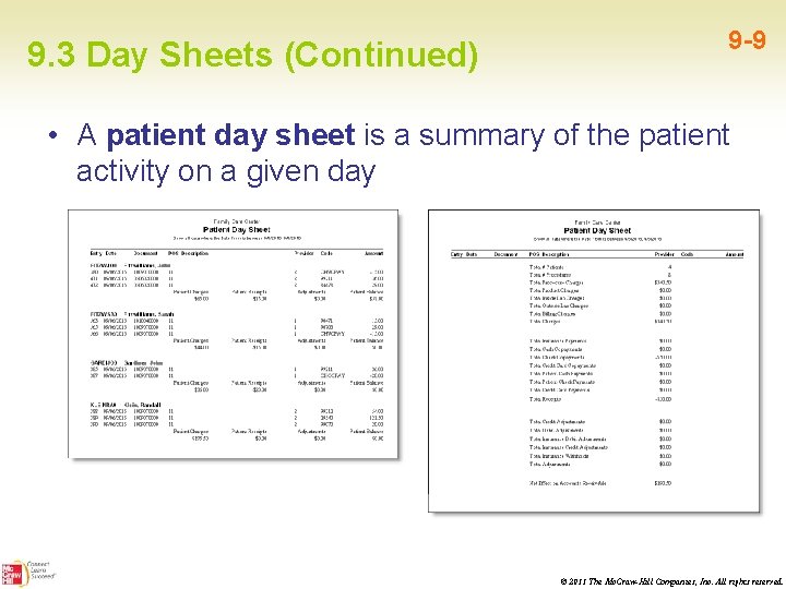 9. 3 Day Sheets (Continued) 9 -9 • A patient day sheet is a