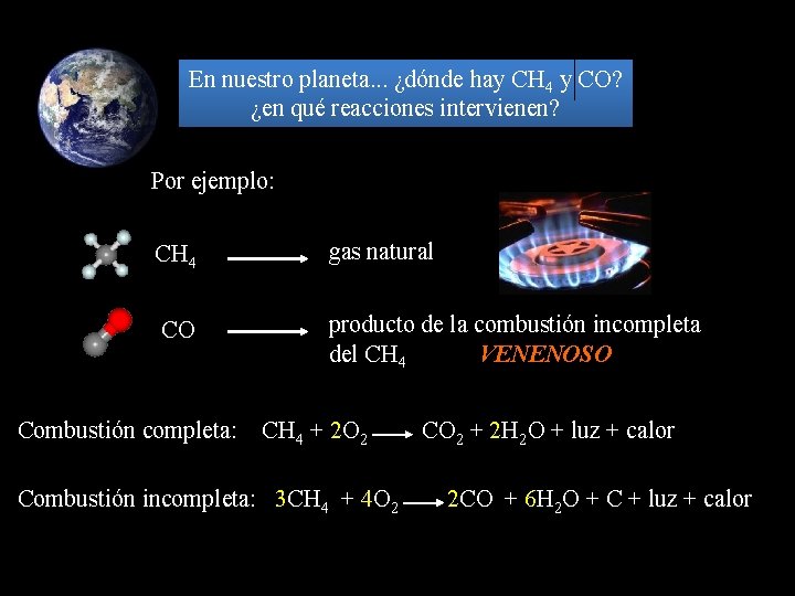 En nuestro planeta. . . ¿dónde hay CH 4 y CO? ¿en qué reacciones