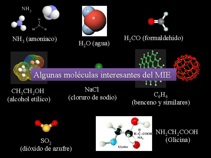 NH 3 (amoníaco) H 2 O (agua) H 2 CO (formaldehido) Algunas moléculas interesantes
