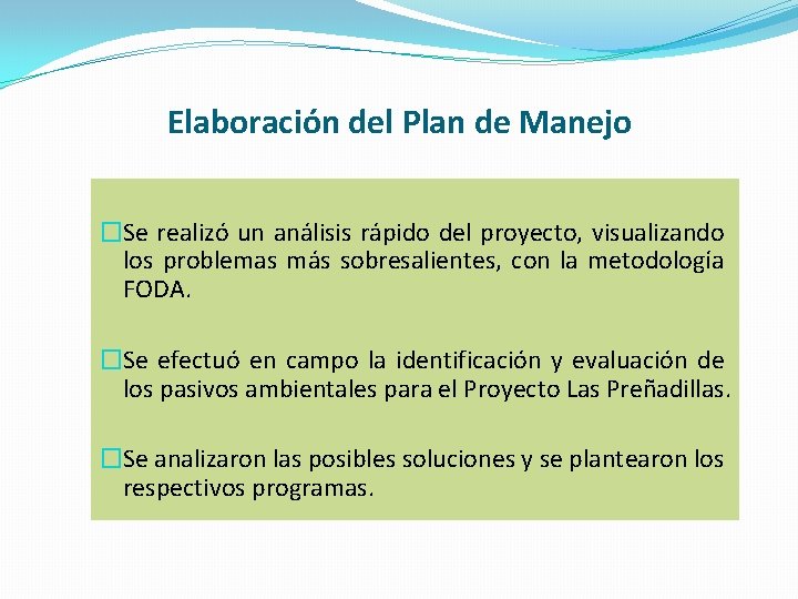 Elaboración del Plan de Manejo �Se realizó un análisis rápido del proyecto, visualizando los