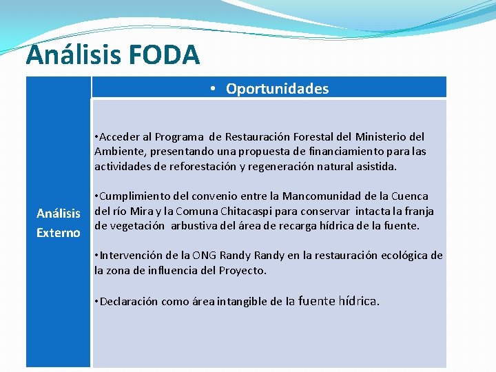 Análisis FODA • Oportunidades • Acceder al Programa de Restauración Forestal del Ministerio del