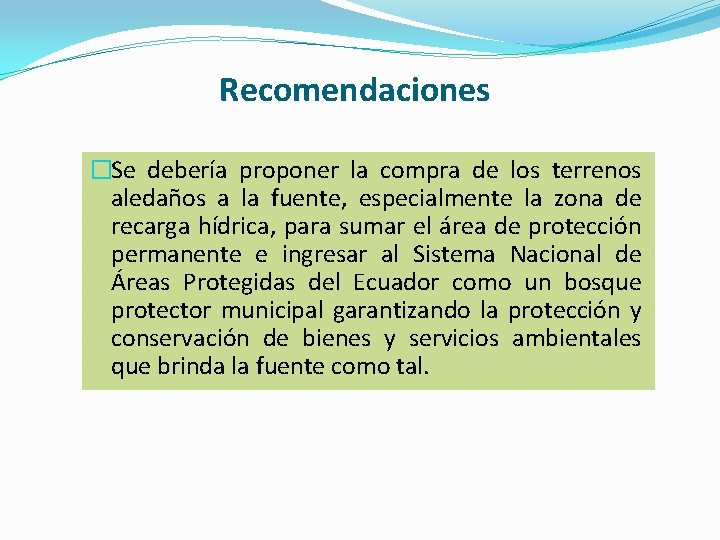 Recomendaciones �Se debería proponer la compra de los terrenos aledaños a la fuente, especialmente