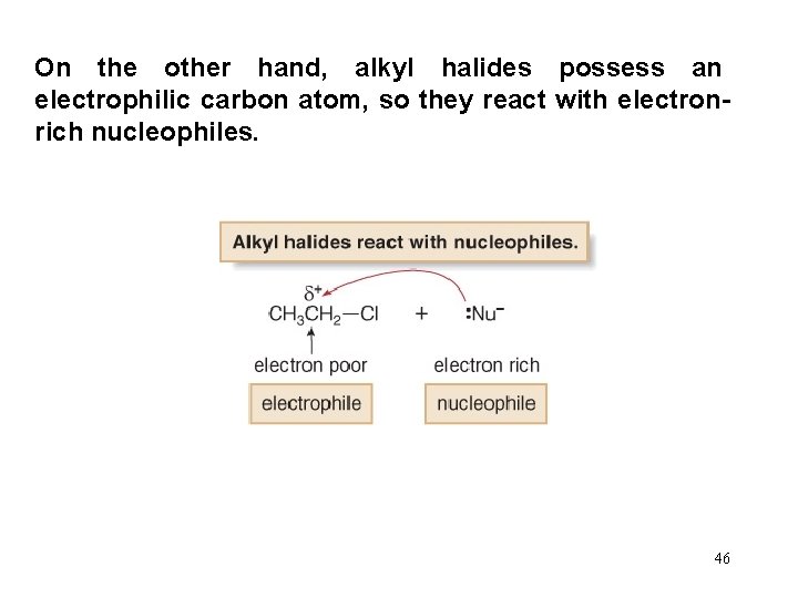 On the other hand, alkyl halides possess an electrophilic carbon atom, so they react