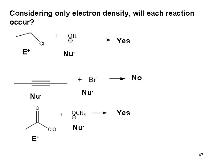 Considering only electron density, will each reaction occur? Yes E+ Nu. No Nu- Nu.