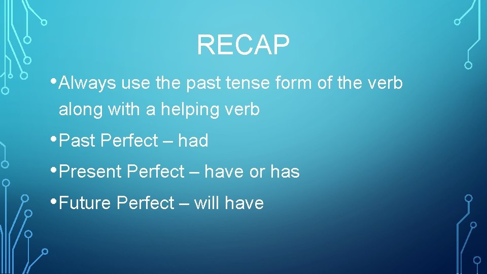 Perfect Tense Recap PERFECT TENSE VERBS CHERI COSNOWSKI TENSES FOR PERFECT