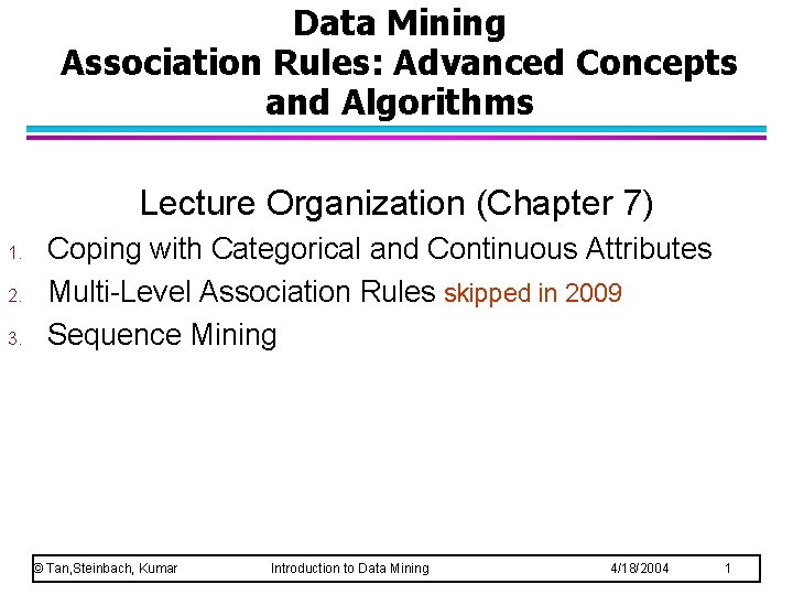 Data Mining Association Rules: Advanced Concepts and Algorithms Lecture Organization (Chapter 7) 1. 2.
