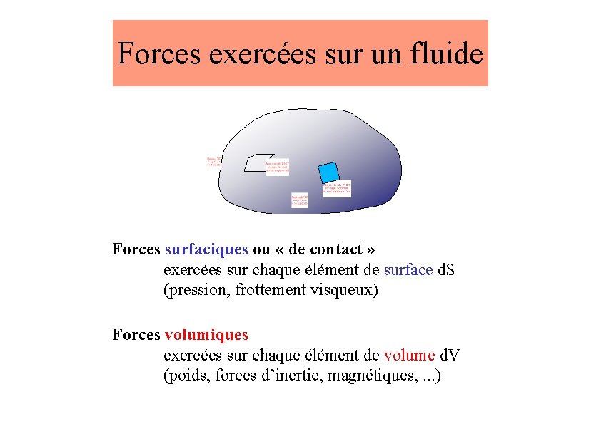 Forces exercées sur un fluide Forces surfaciques ou « de contact » exercées sur
