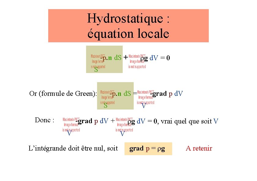 Hydrostatique : équation locale rg d. V = 0 -p. n d. S +