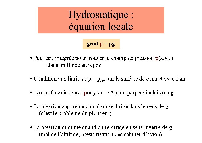 Hydrostatique : équation locale grad p = rg • Peut être intégrée pour trouver