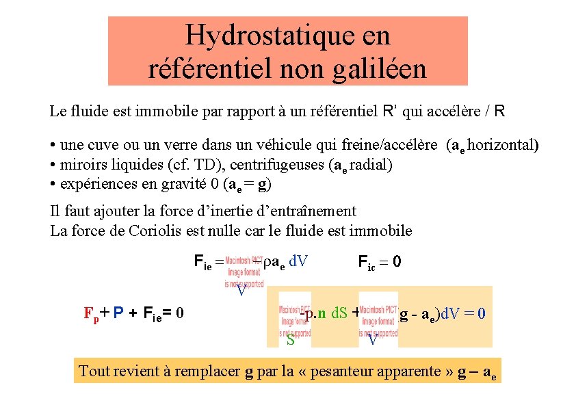 Hydrostatique en référentiel non galiléen Le fluide est immobile par rapport à un référentiel