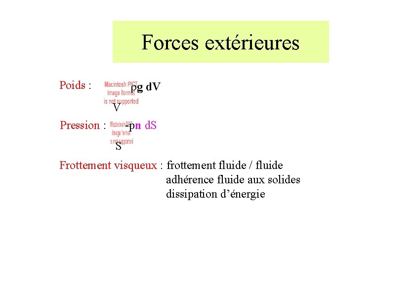 Forces extérieures rg d. V Poids : V Pression : -pn d. S S