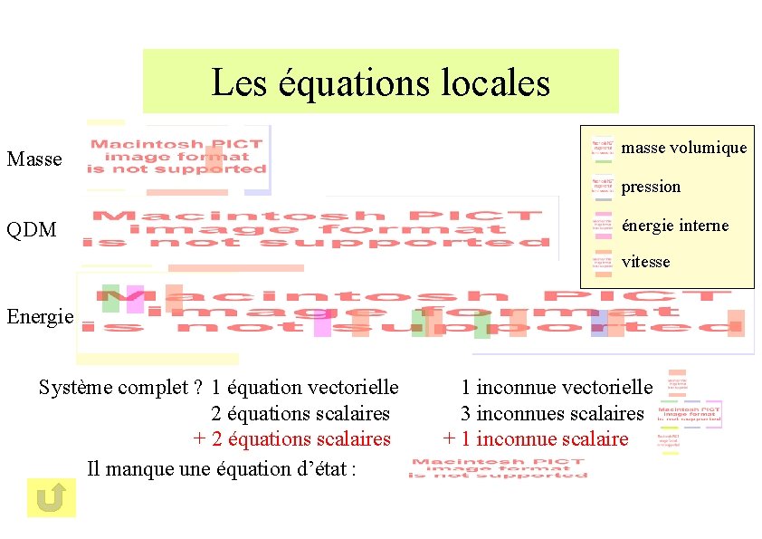 Les équations locales Masse masse volumique pression QDM énergie interne vitesse Energie Système complet