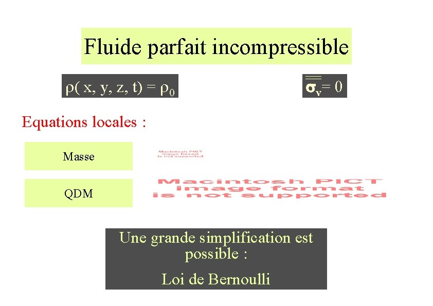 Fluide parfait incompressible r( x, y, z, t) = r 0 sv= 0 Equations