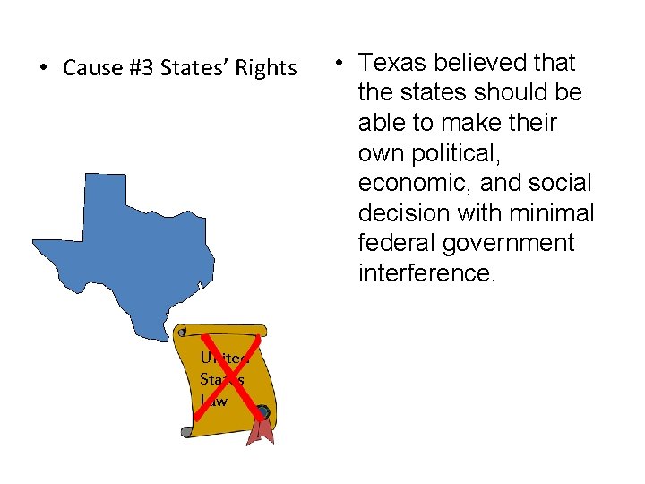  • Cause #3 States’ Rights United States Law • Texas believed that the