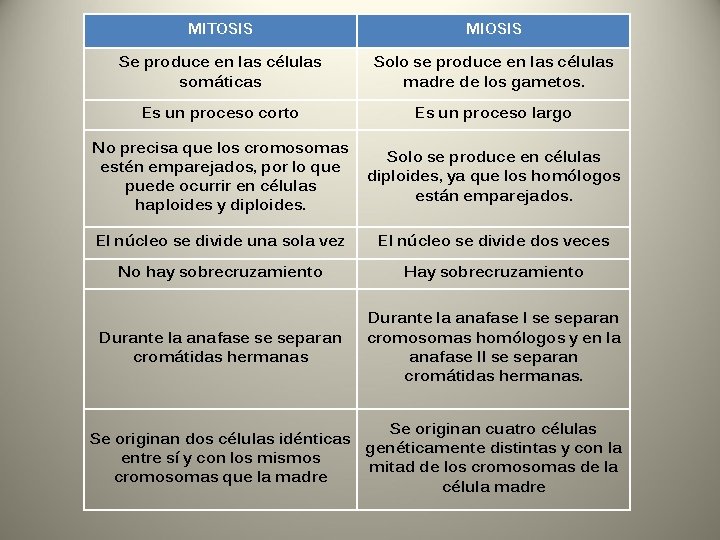 MITOSIS MIOSIS Se produce en las células somáticas Solo se produce en las células