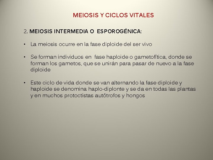 MEIOSIS Y CICLOS VITALES 2. MEIOSIS INTERMEDIA O ESPOROGÉNICA: • La meiosis ocurre en