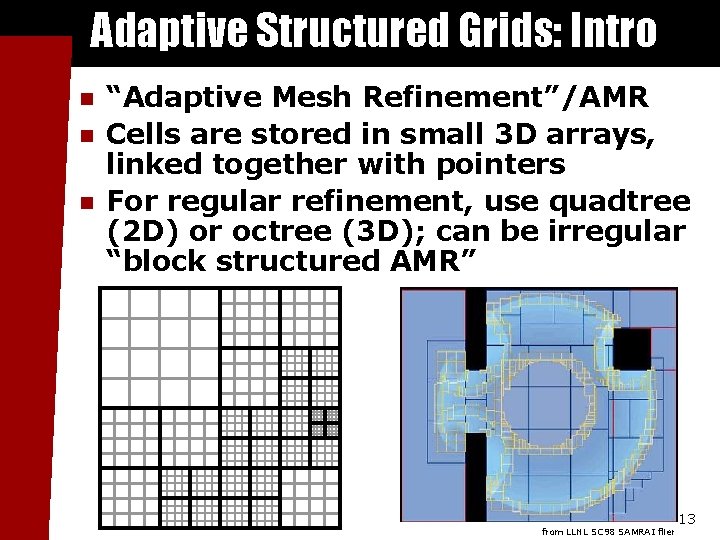 Adaptive Structured Grids: Intro n n n “Adaptive Mesh Refinement”/AMR Cells are stored in