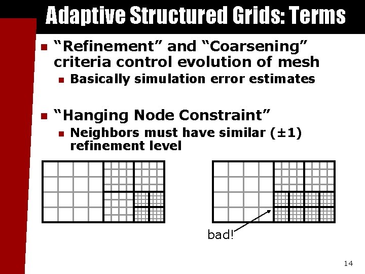 Adaptive Structured Grids: Terms n “Refinement” and “Coarsening” criteria control evolution of mesh n