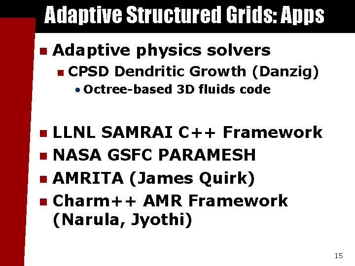 Adaptive Structured Grids: Apps n Adaptive physics solvers n CPSD Dendritic Growth (Danzig) •