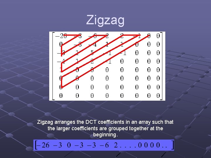 Zigzag arranges the DCT coefficients in an array such that the larger coefficients are