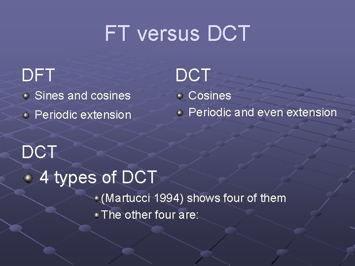 FT versus DCT DFT DCT Sines and cosines Periodic extension Cosines Periodic and even