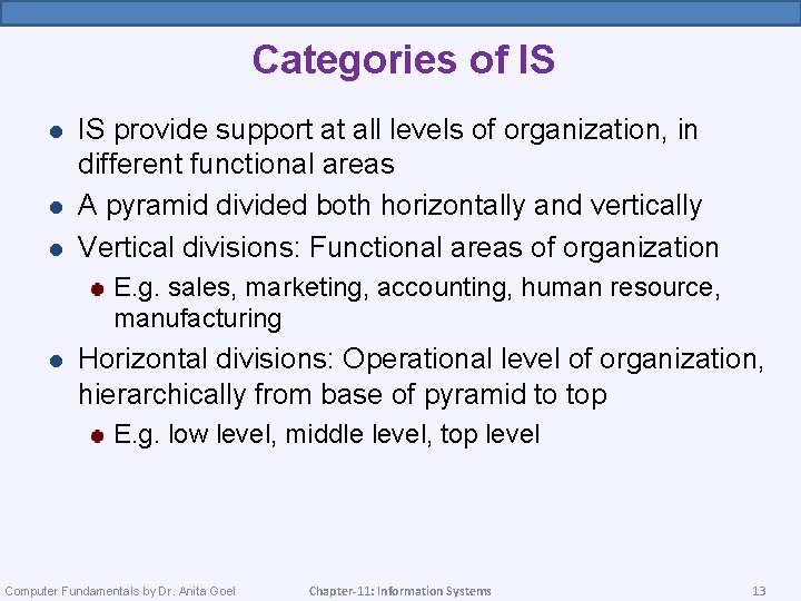 Categories of IS l l l IS provide support at all levels of organization,